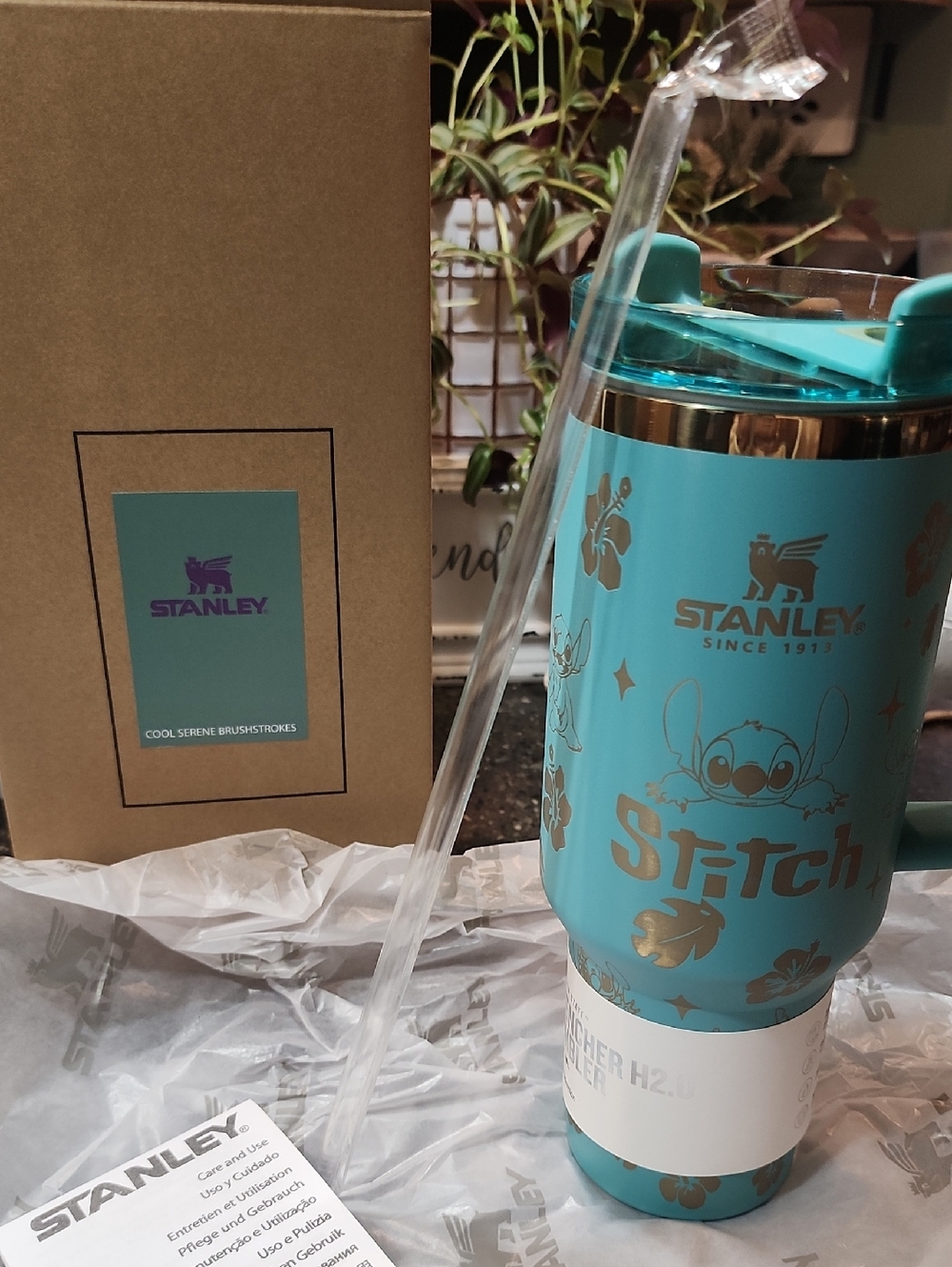 Stanley Turquoise Stitch Travel Tumbler with Clear Straw